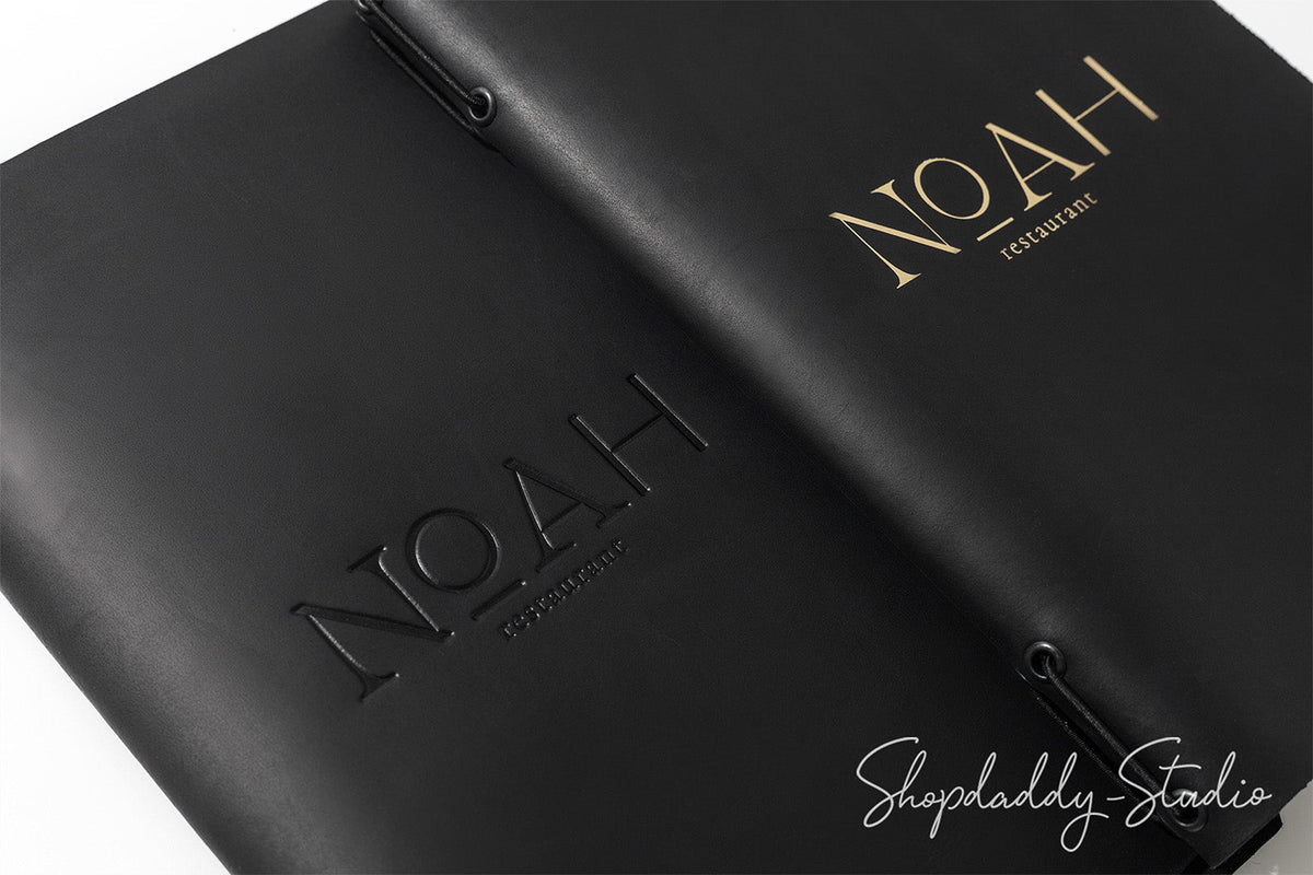 Black Leather Menu Folder with Two Elastic Bands with Logo Debossing