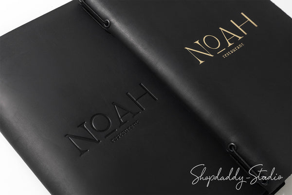 Black Leather Menu Folder with Two Elastic Bands with Logo Debossing