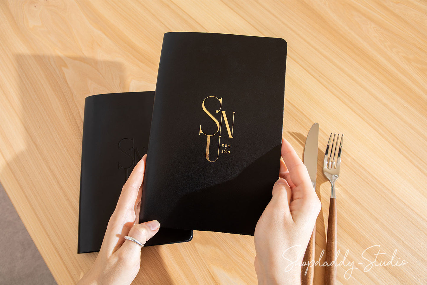 Black Leather Restaurant Menu Cover Book Minimalist