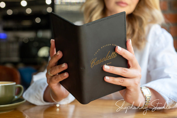 Black Leather Server Book with Pen Loop for Cafes and Bars