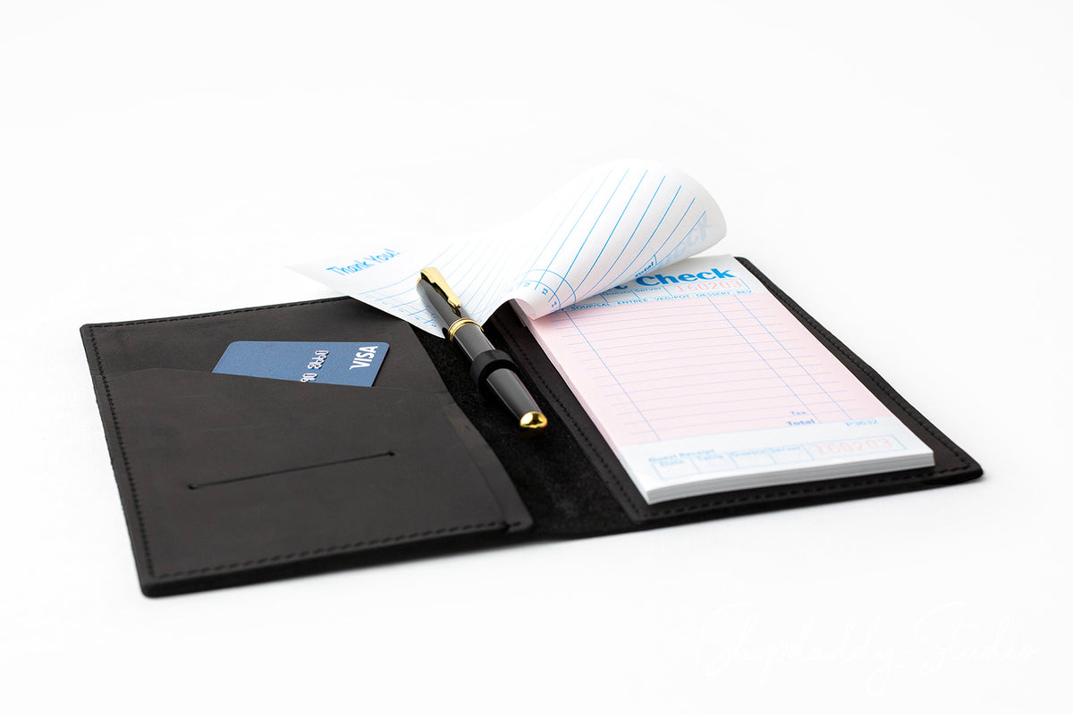 Black Leather Server Book with Pen Loop for Waiters