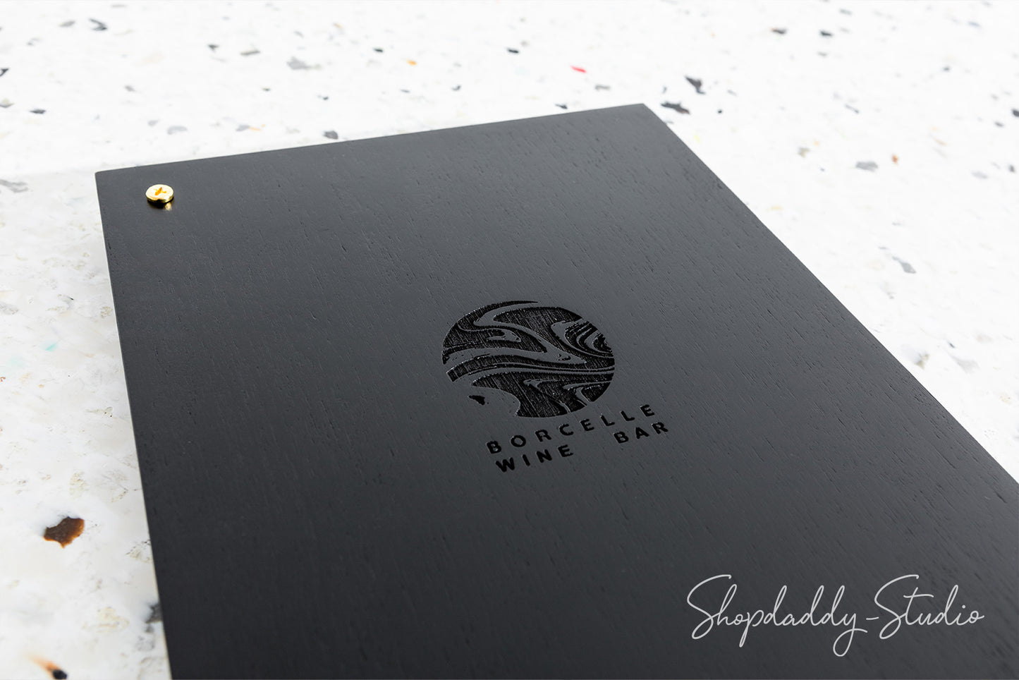 Black Menu Board with Vertical Plank on Screws with logo