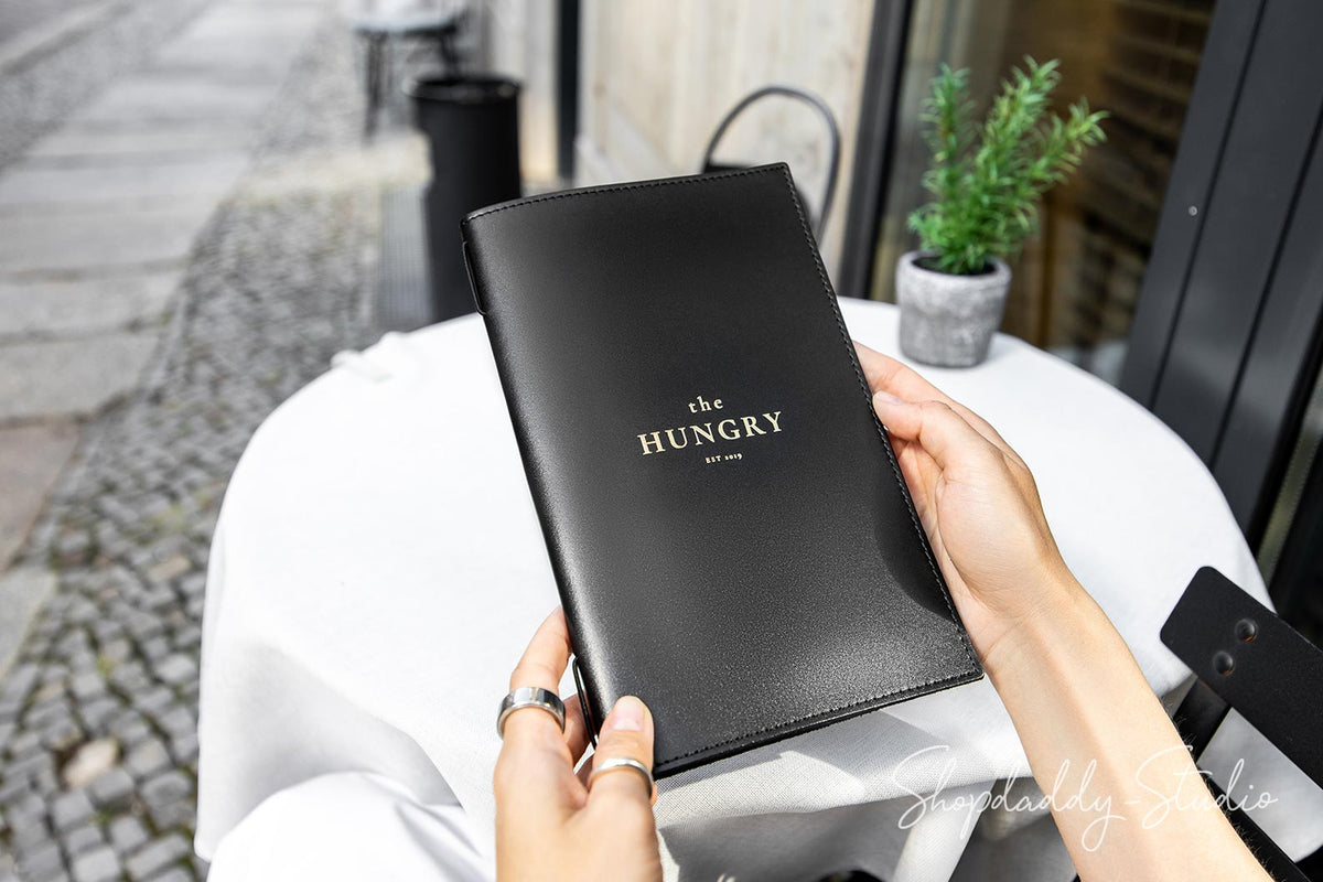 Black Menu Cover with Stitching and Elastic Band for Cafe