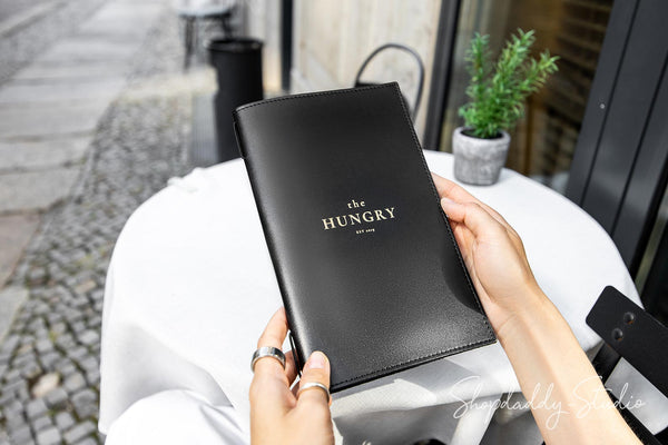 Black Menu Cover with Stitching and Elastic Band for Cafe