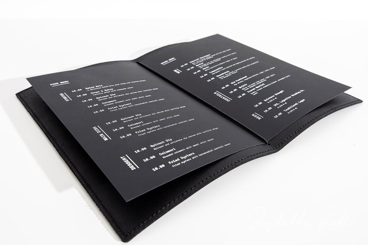 Black Menu Cover with Stitching and Elastic Band in details