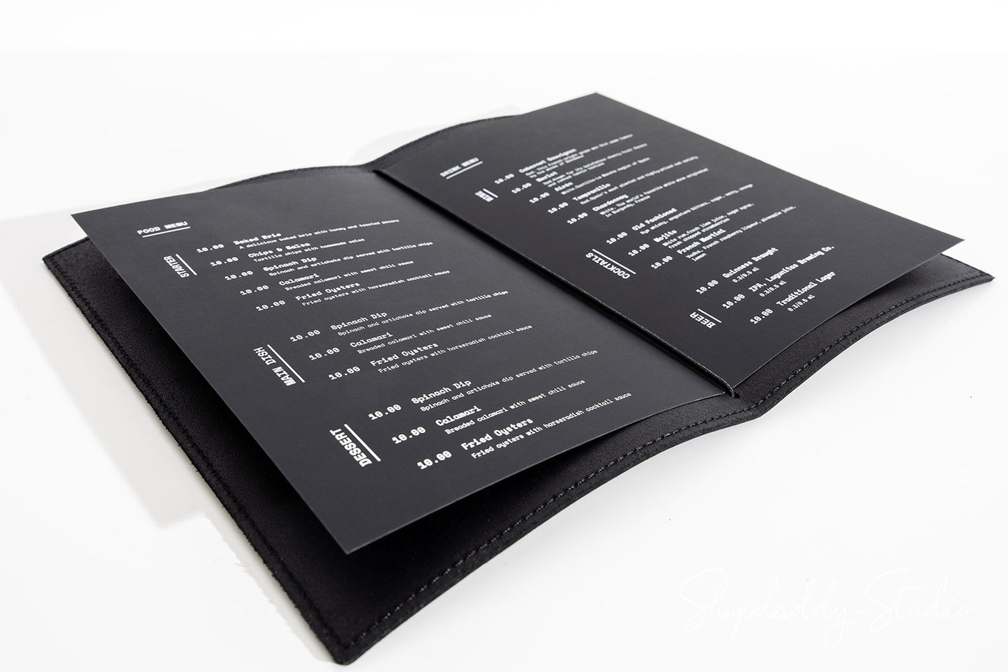 Black Menu Cover with Stitching and Elastic Band in details