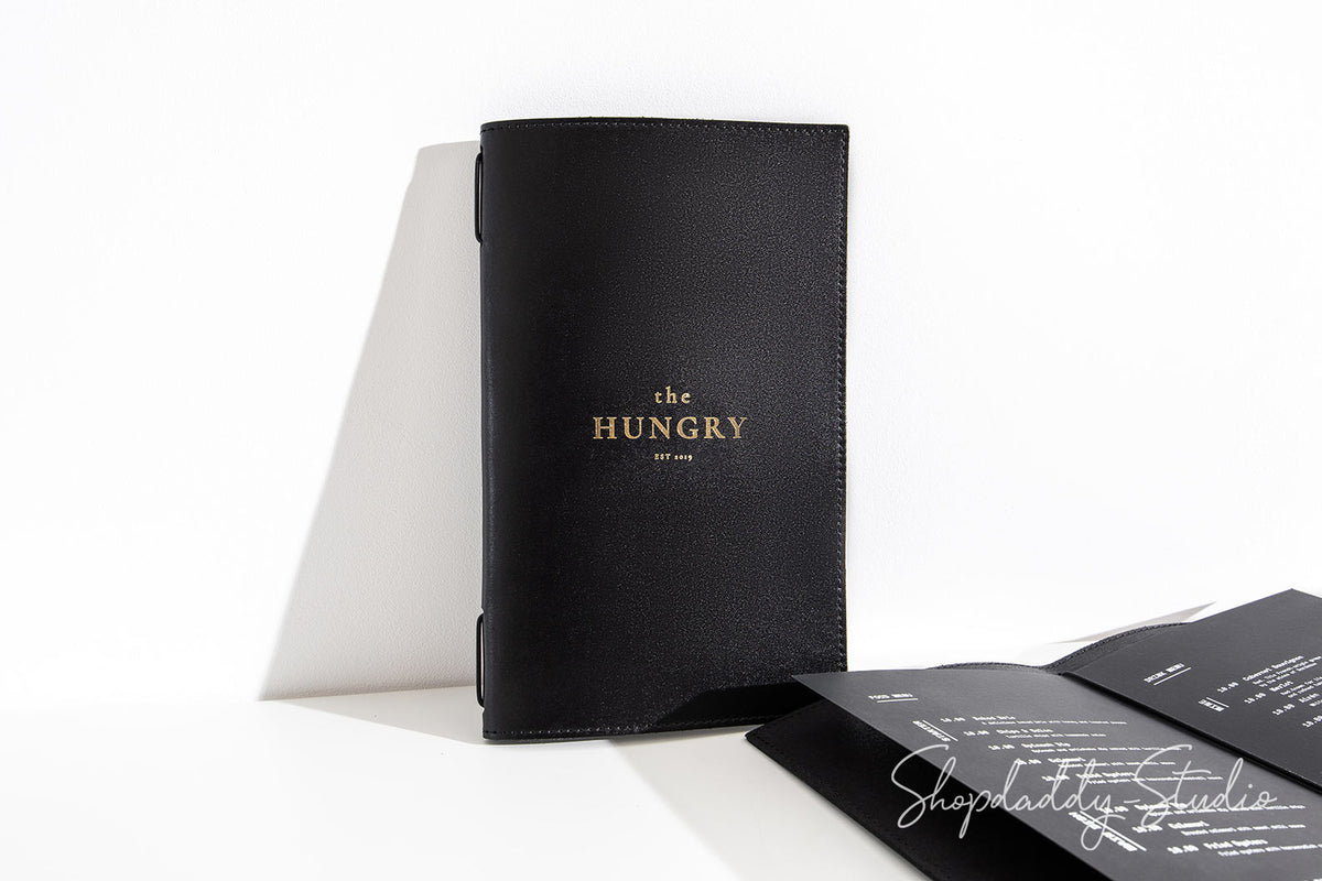 Black Menu Cover with Stitching and Elastic Band with logo