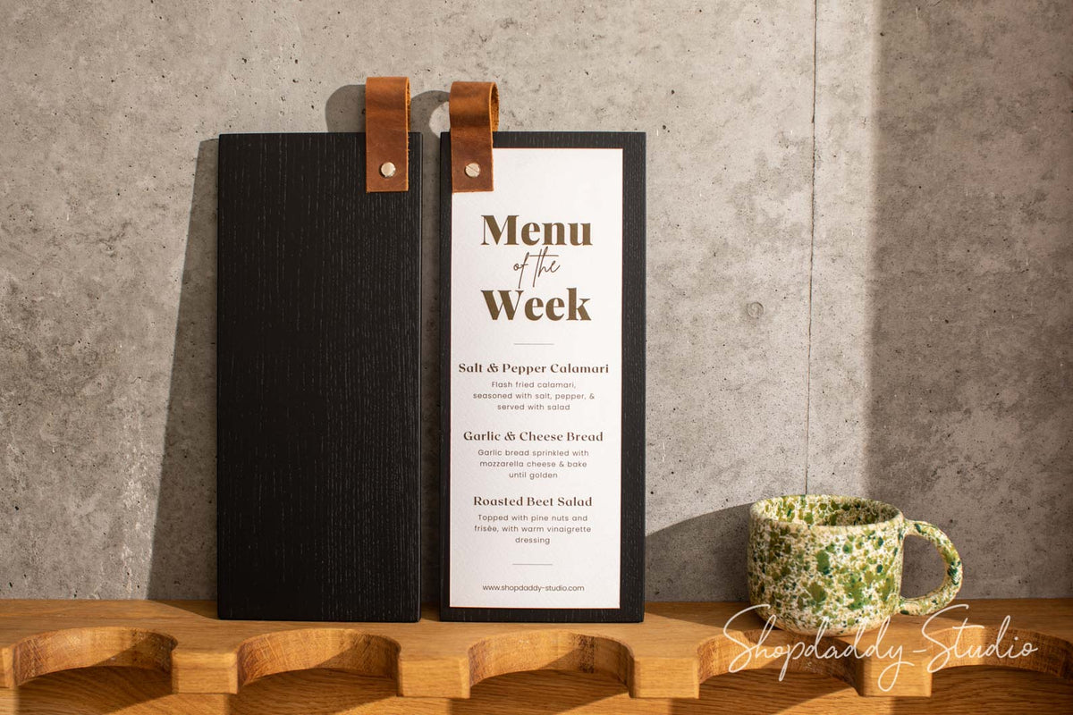 Black Menu Holder with Leather Loop