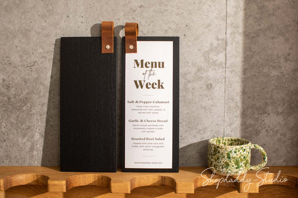 Black Menu Holder with Leather Loop