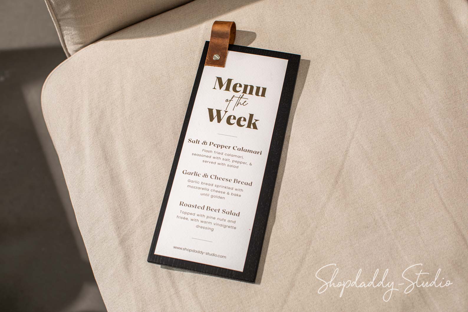 Black Menu Holder with Leather Loop – Shopdaddy-Studio