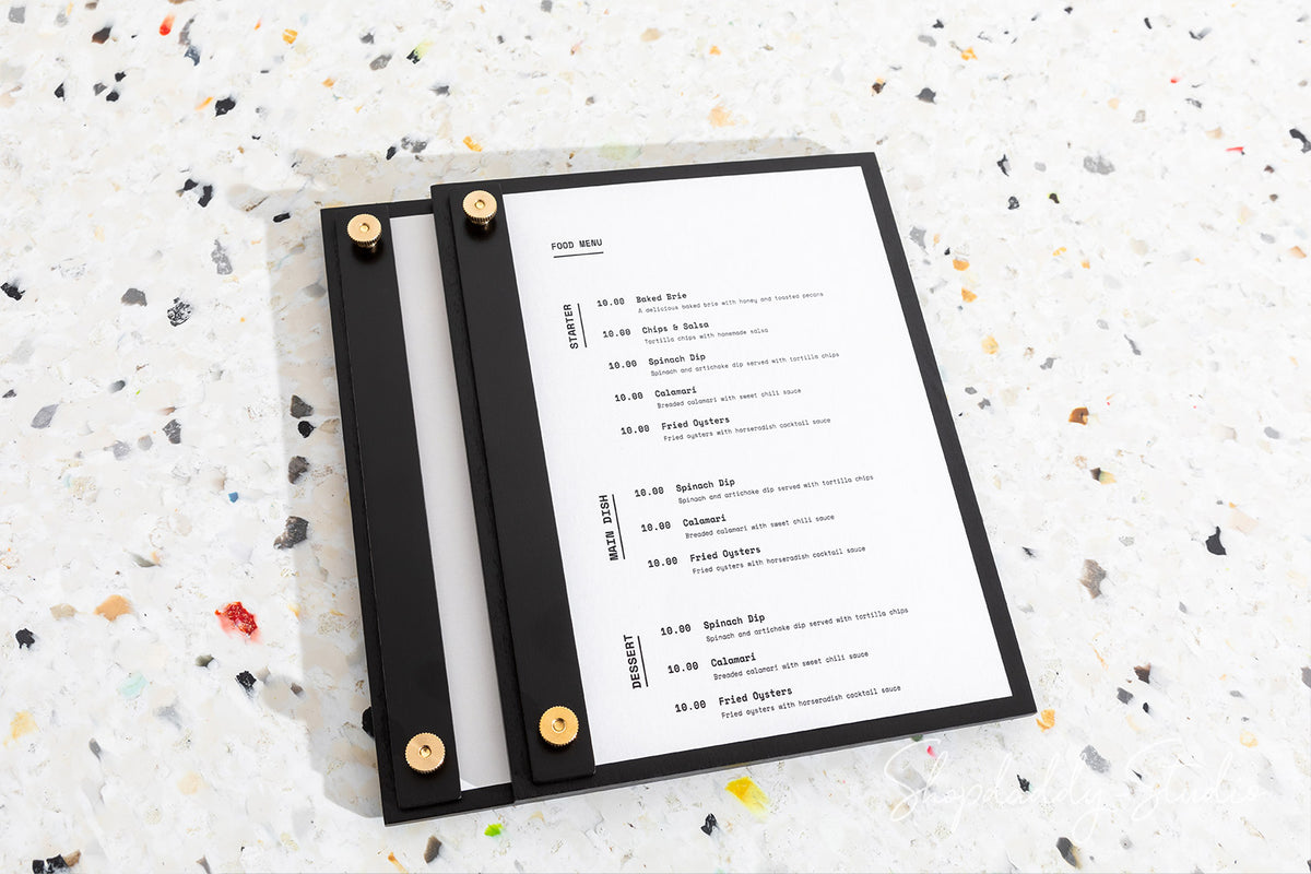 Black Menu Holder with Vertical Plank on Screws