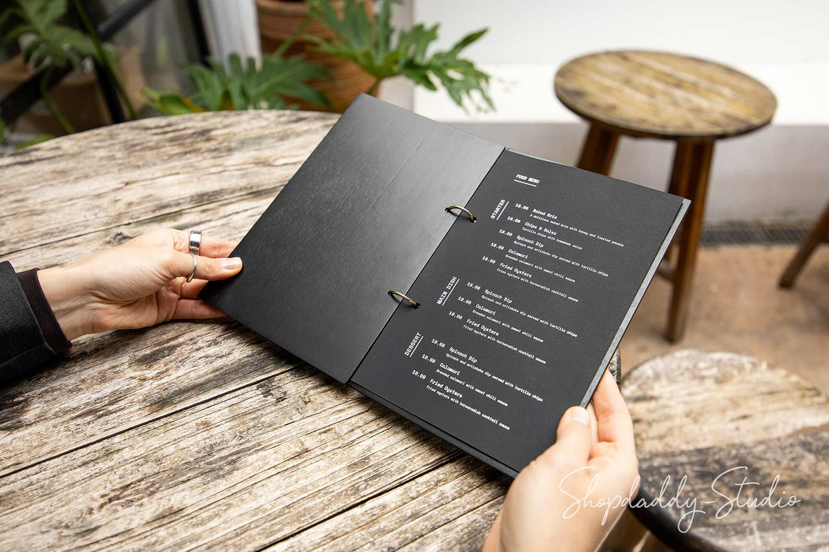 Black Plywood Menu Book with Golden Rings for Drink Menus
