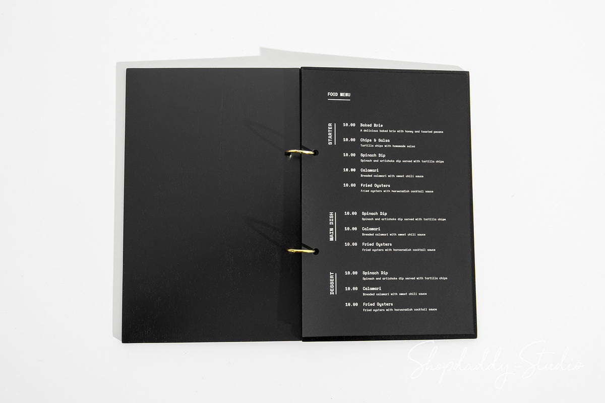 Black Plywood Menu Book with Golden Rings for Fine Dining