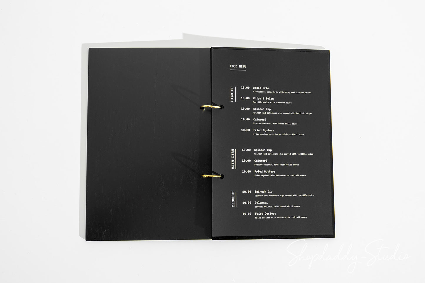 Black Plywood Menu Book with Golden Rings for Fine Dining