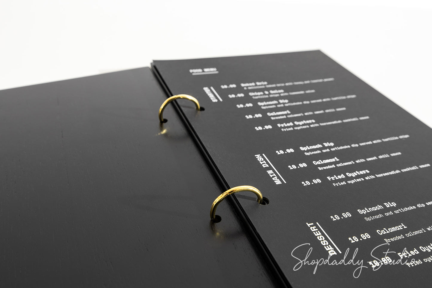 Black Plywood Menu Book with Golden Rings for Menu Presentation