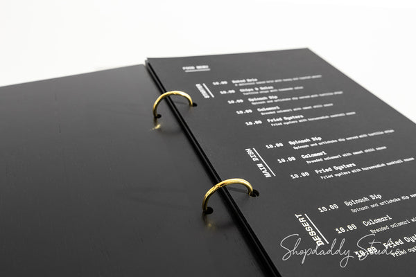 Black Plywood Menu Book with Golden Rings for Menu Presentation