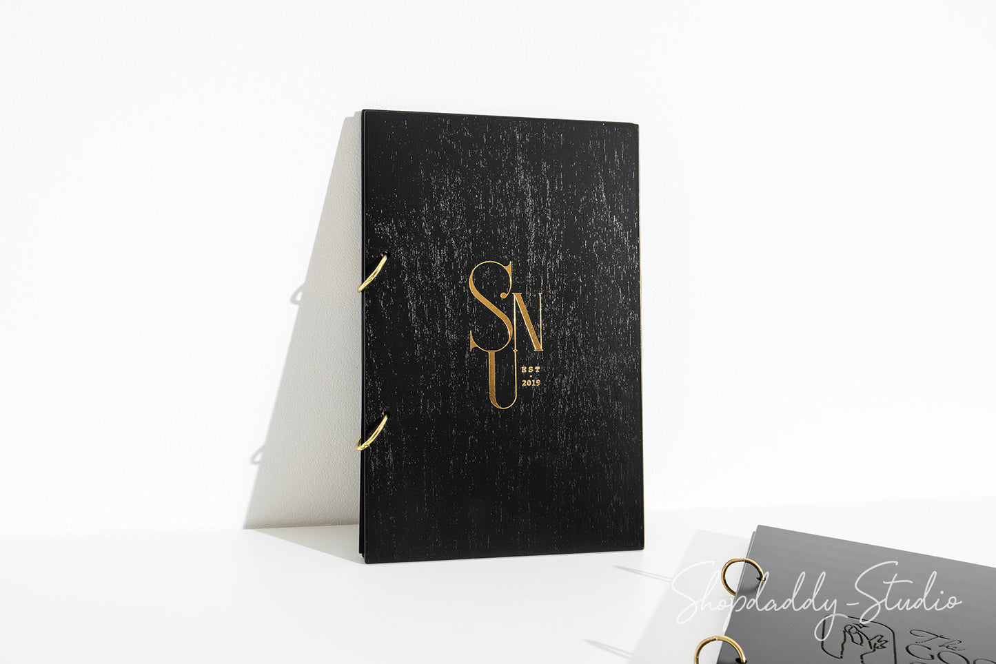 Black Plywood Menu Book with Golden Rings with Custom Logo