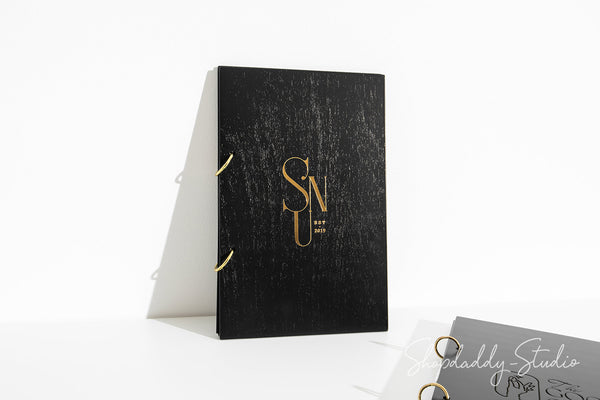 Black Plywood Menu Book with Golden Rings with Custom Logo