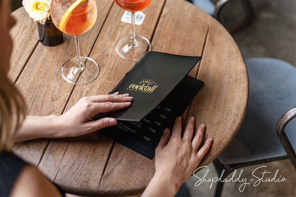 Black Thick Leather Menu Cover with Golden Rings for cafe
