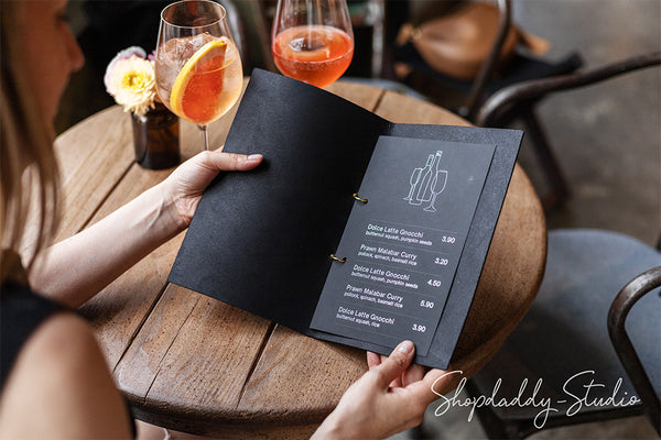 Black Thick Leather Menu Cover with Golden Rings for drink
