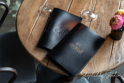 Black Thick Leather Menu Cover with Golden Rings with logo