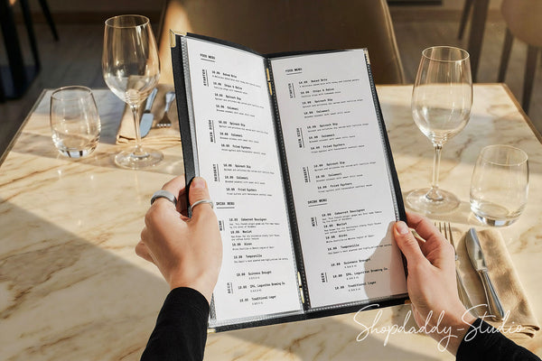 Black Thick Leather Menu Cover with Plastic Sleeves and Corners for Cafes and Bars