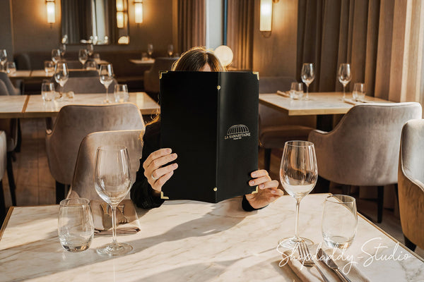 Black Thick Leather Menu Cover with Plastic Sleeves and Corners for Hospitality
