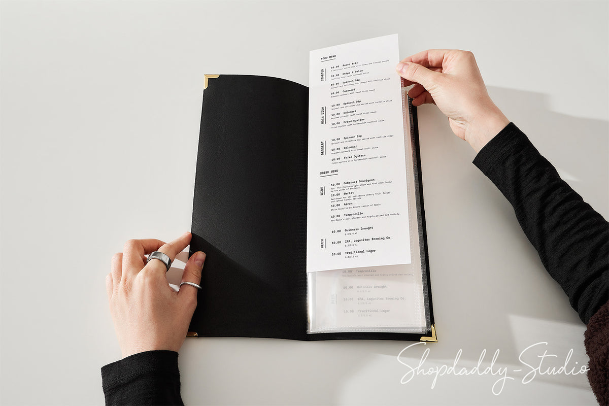 Black Thick Leather Menu Cover with Plastic Sleeves and Corners for Hotels