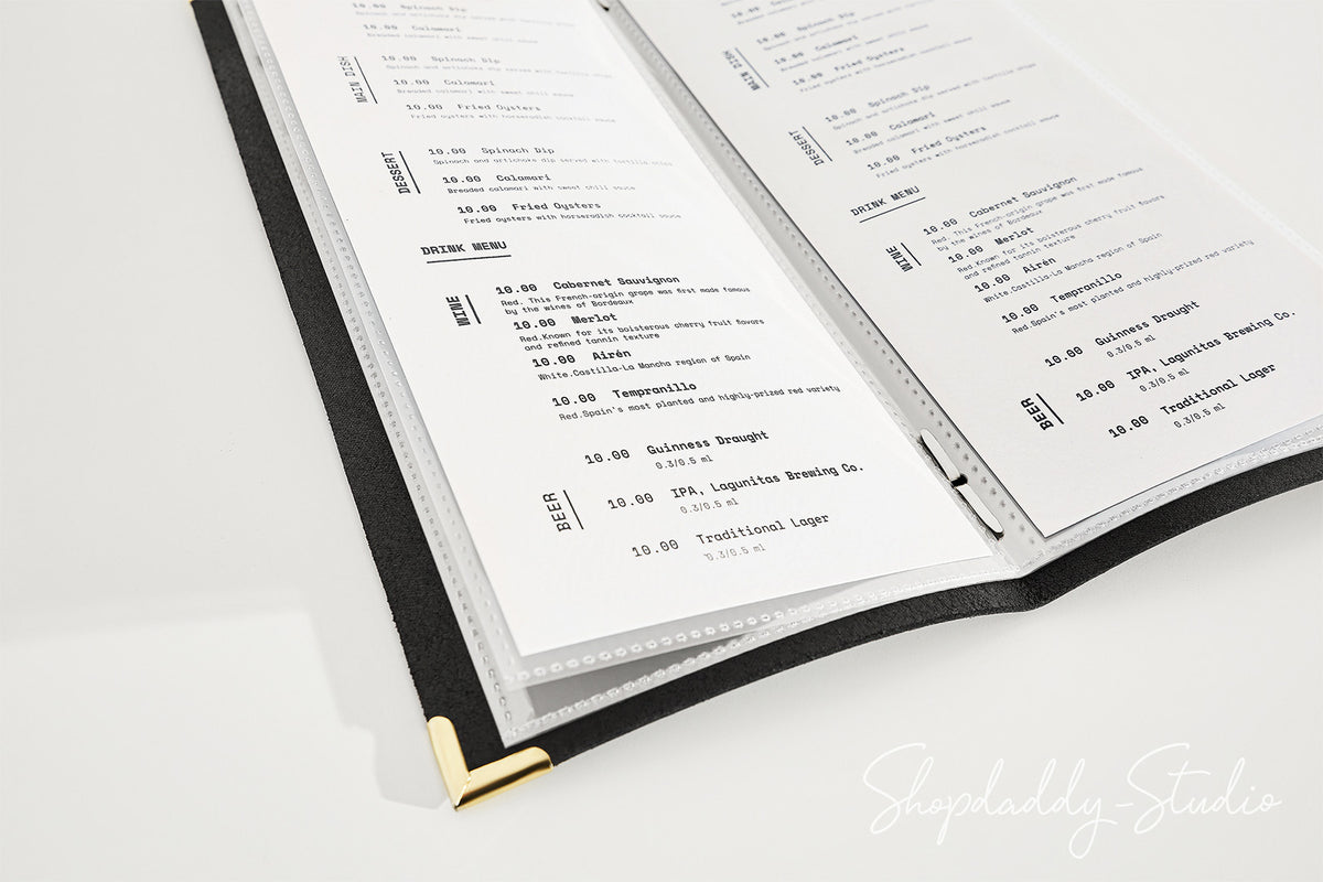 Black Thick Leather Menu Cover with Plastic Sleeves and Corners for Professional Use
