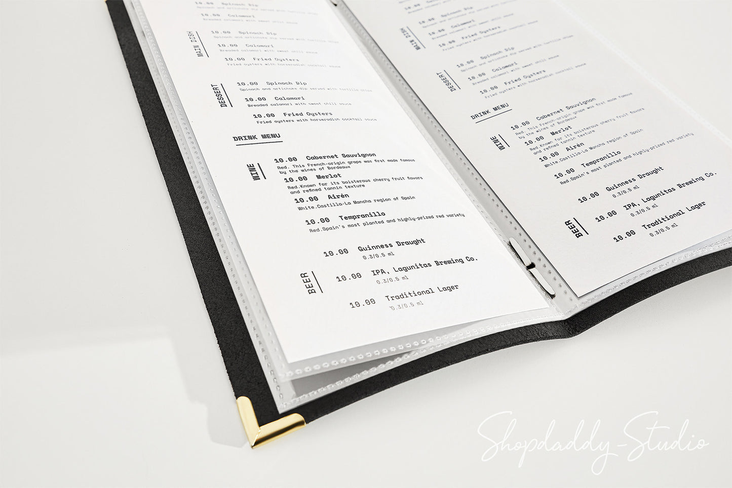 Black Thick Leather Menu Cover with Plastic Sleeves and Corners for Professional Use