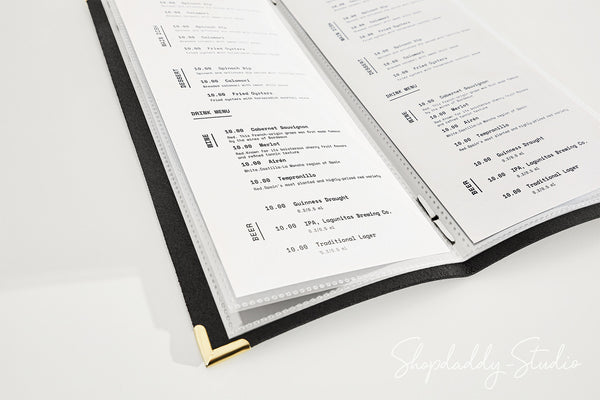 Black Thick Leather Menu Cover with Plastic Sleeves and Corners for Professional Use