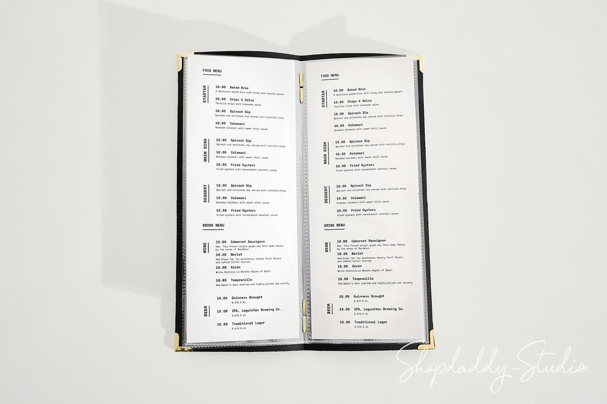 Black Thick Leather Menu Cover with Plastic Sleeves and Corners with Custom Logo