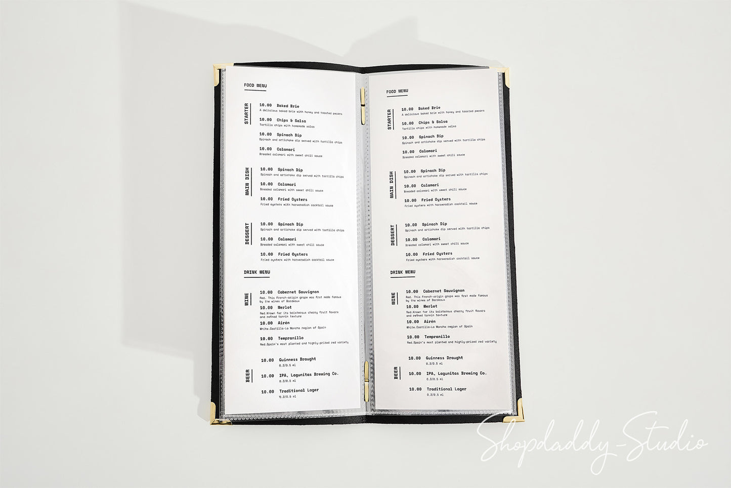 Black Thick Leather Menu Cover with Plastic Sleeves and Corners with Custom Logo