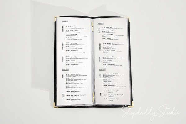 Black Thick Leather Menu Cover with Plastic Sleeves and Corners with Custom Logo