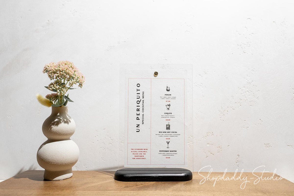 Black Wooden/Acrylic Table Menu Stand for breakfast menu