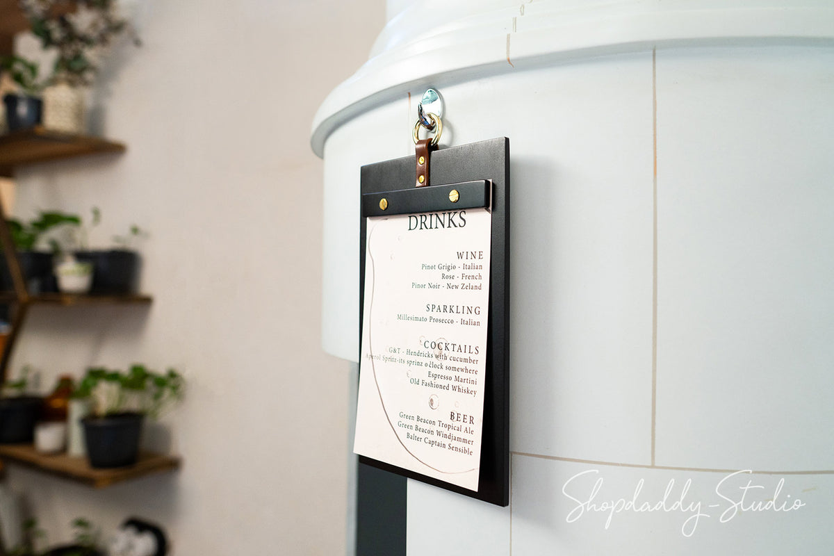 Black Wooden Menu Board with Metal Ring for bar