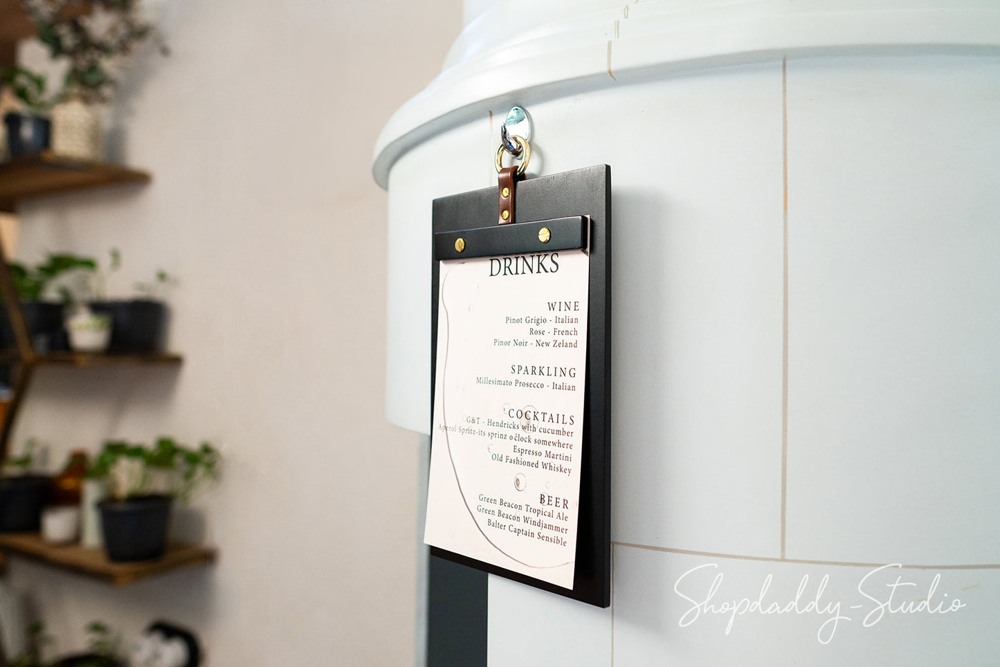 Black Wooden Menu Board with Metal Ring for bar