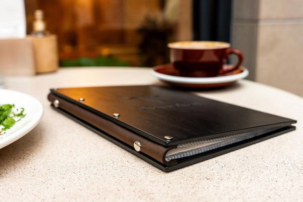 Black Wooden Menu Cover With Plastic Sleeves for restaurant