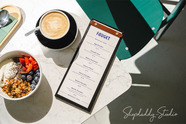 Black Wooden Menu Holder With Rounded Leather Plank
