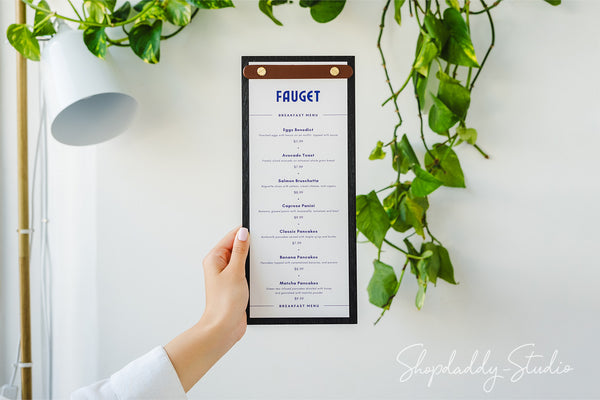 Black Wooden Menu Holder With Rounded Leather Plank For Cafe