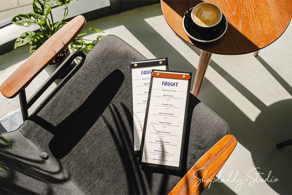 Black Wooden Menu Holder With Rounded Leather Plank For Cocktail Menu