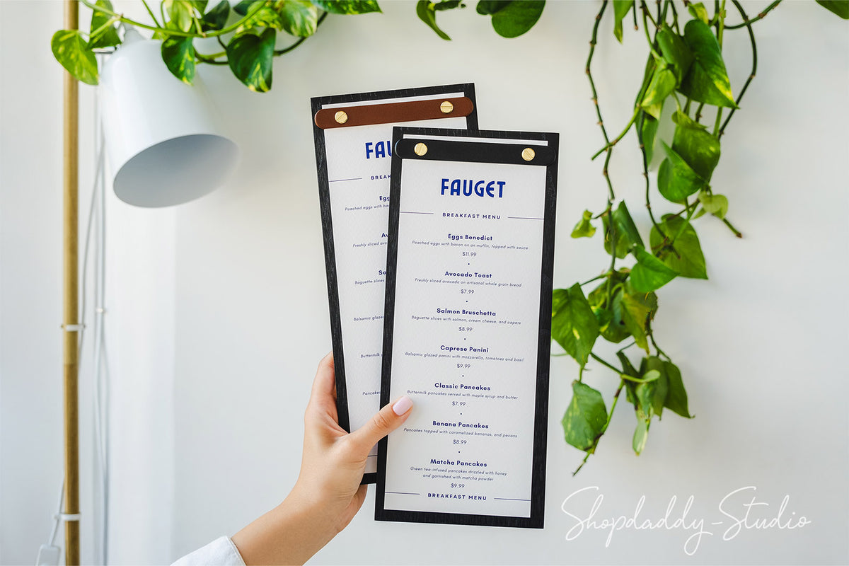 Black Wooden Menu Holder With Rounded Leather Plank For Drink Menu