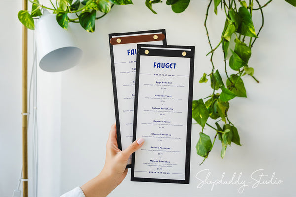 Black Wooden Menu Holder With Rounded Leather Plank For Drink Menu