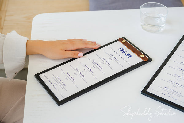 Black Wooden Menu Holder With Rounded Leather Plank For Wine List Menu
