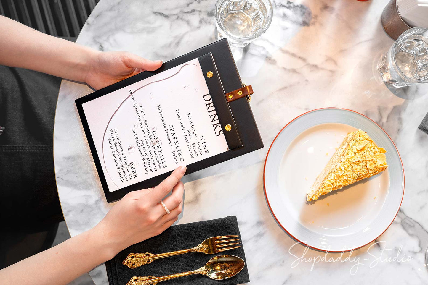 Black Wooden Menu Holder with Metal Ring