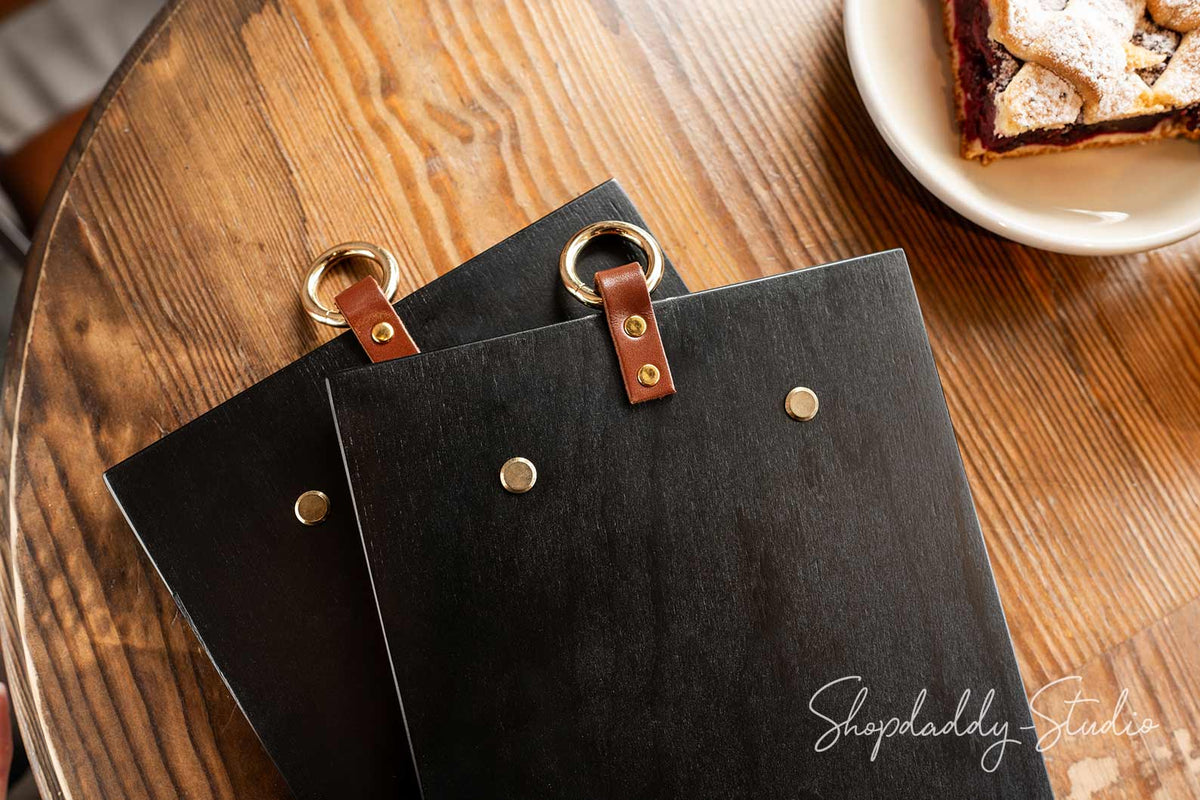 Black Wooden Menu Holder with Metal Ring for restaurant
