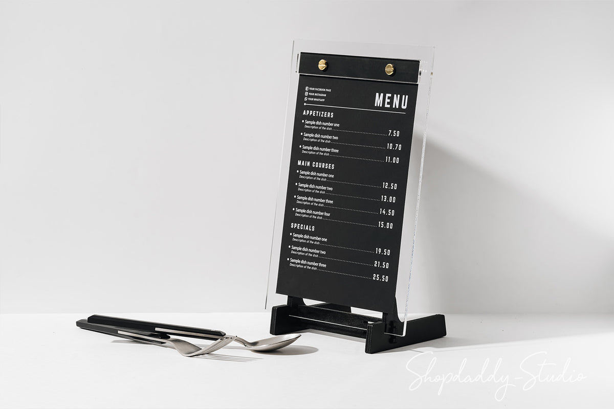 Black Wooden/Single Acrylic Table Menu Stand for bar