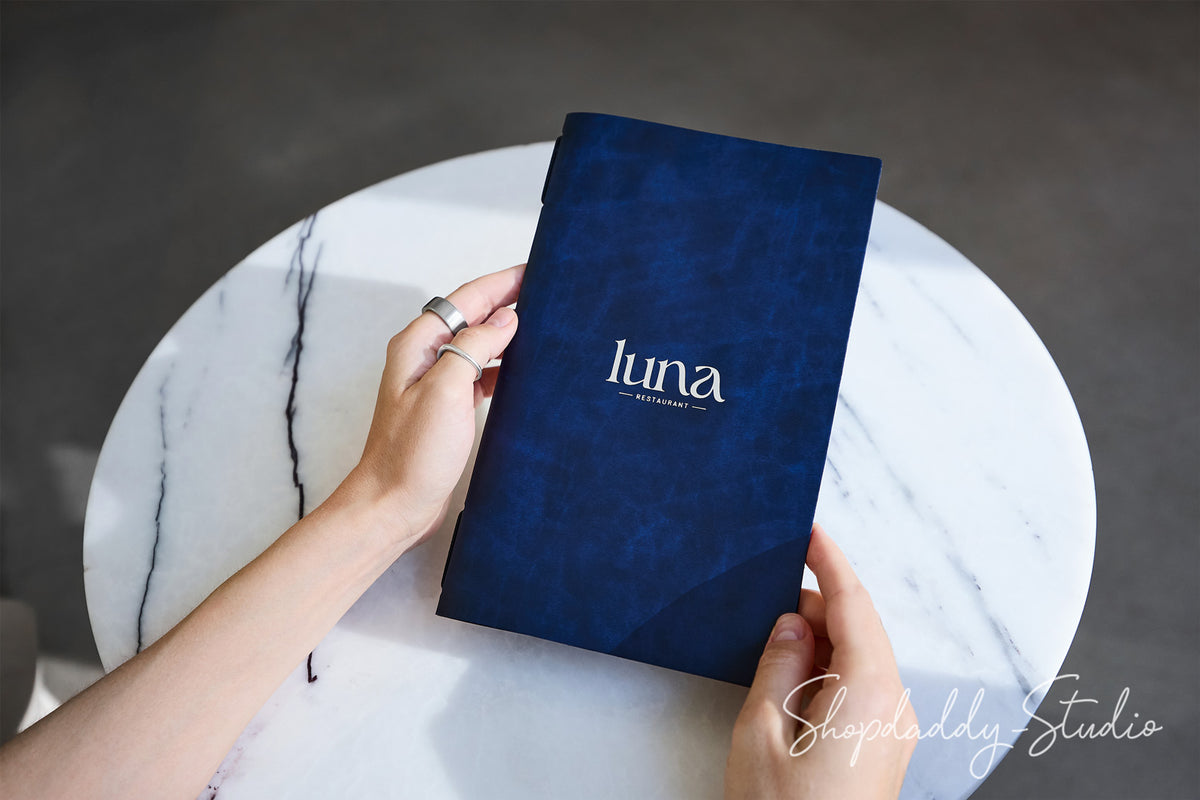 Blue Recycled Leather Menu Cover with Elastic Band for Cafes and Bars