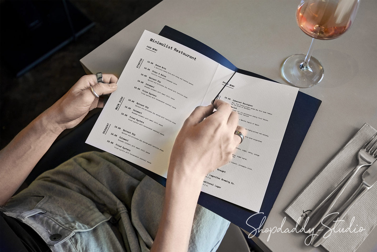 Blue Recycled Leather Menu Cover with Elastic Band for Fine Dining