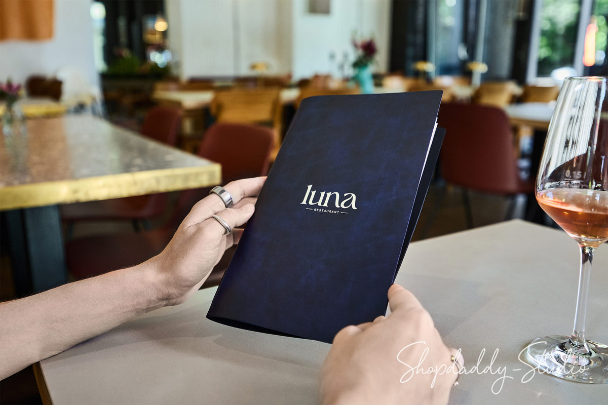 Blue Recycled Leather Menu Cover with Elastic Band for Hospitality
